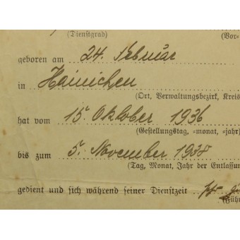 Демобилизационное удостоверение Вермахт, служба в 1936-38 в  2/Inf Rgt 102 полку. Espenlaub militaria